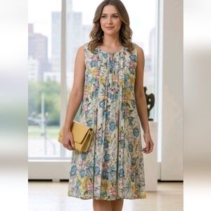 DR2 Womens L Floral Sleeveless Round Neck Lined Front Pleats Flowy Dress